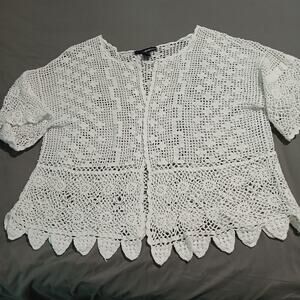 Denim 24/7 Size 1X White Crochet hook-and-eye cardigan cotton/ramie half-sleeved